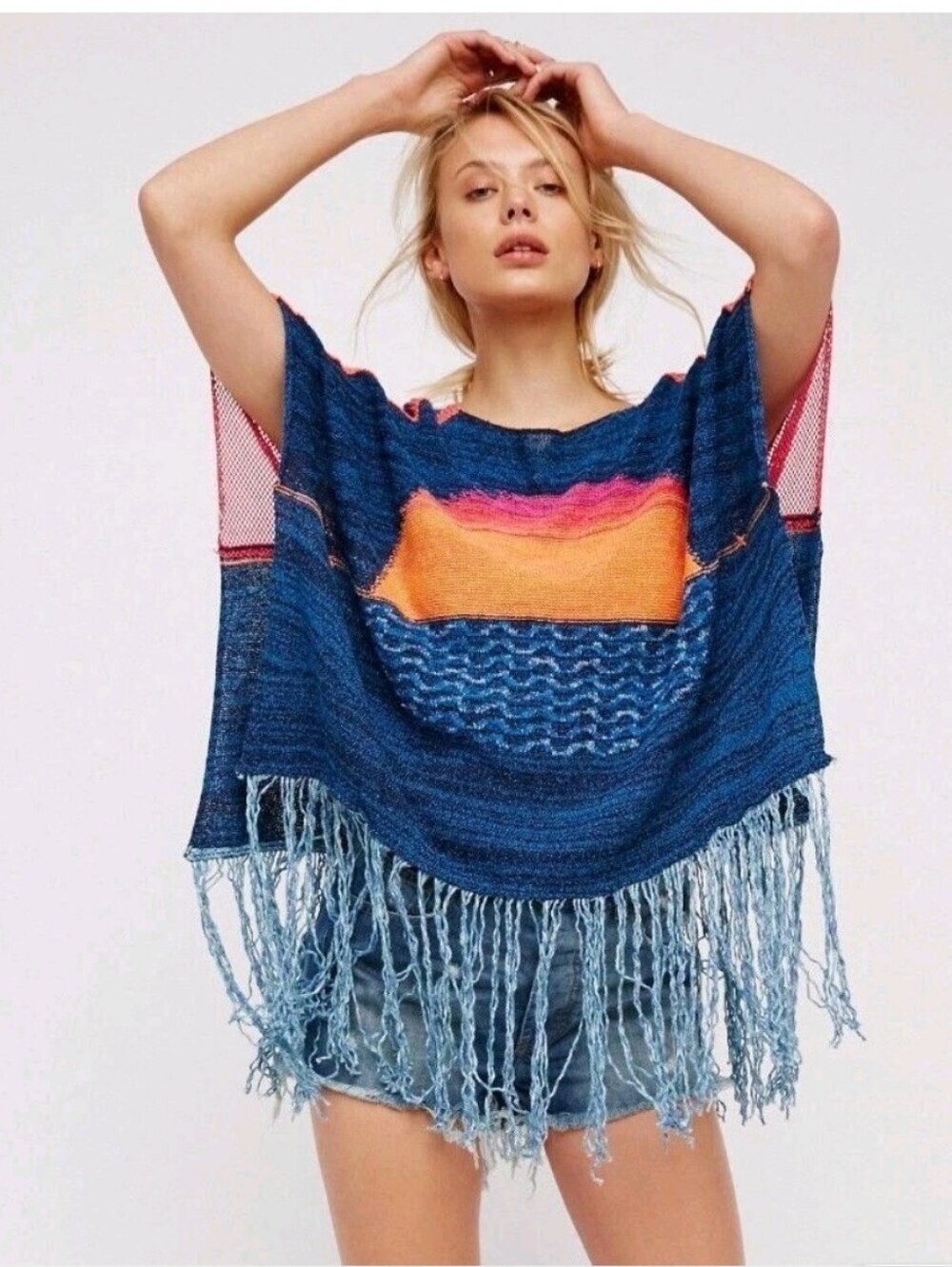 Free People Sunset Fringe Poncho Sweater Tunic Coastal Boho Artsy Travel XS/S